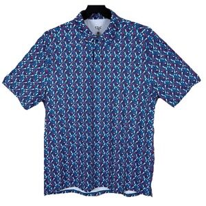 1764 Polo Shirt Mens XL  Blue Wine Grapes Glass Print Short Sleeve Stretch Golf
